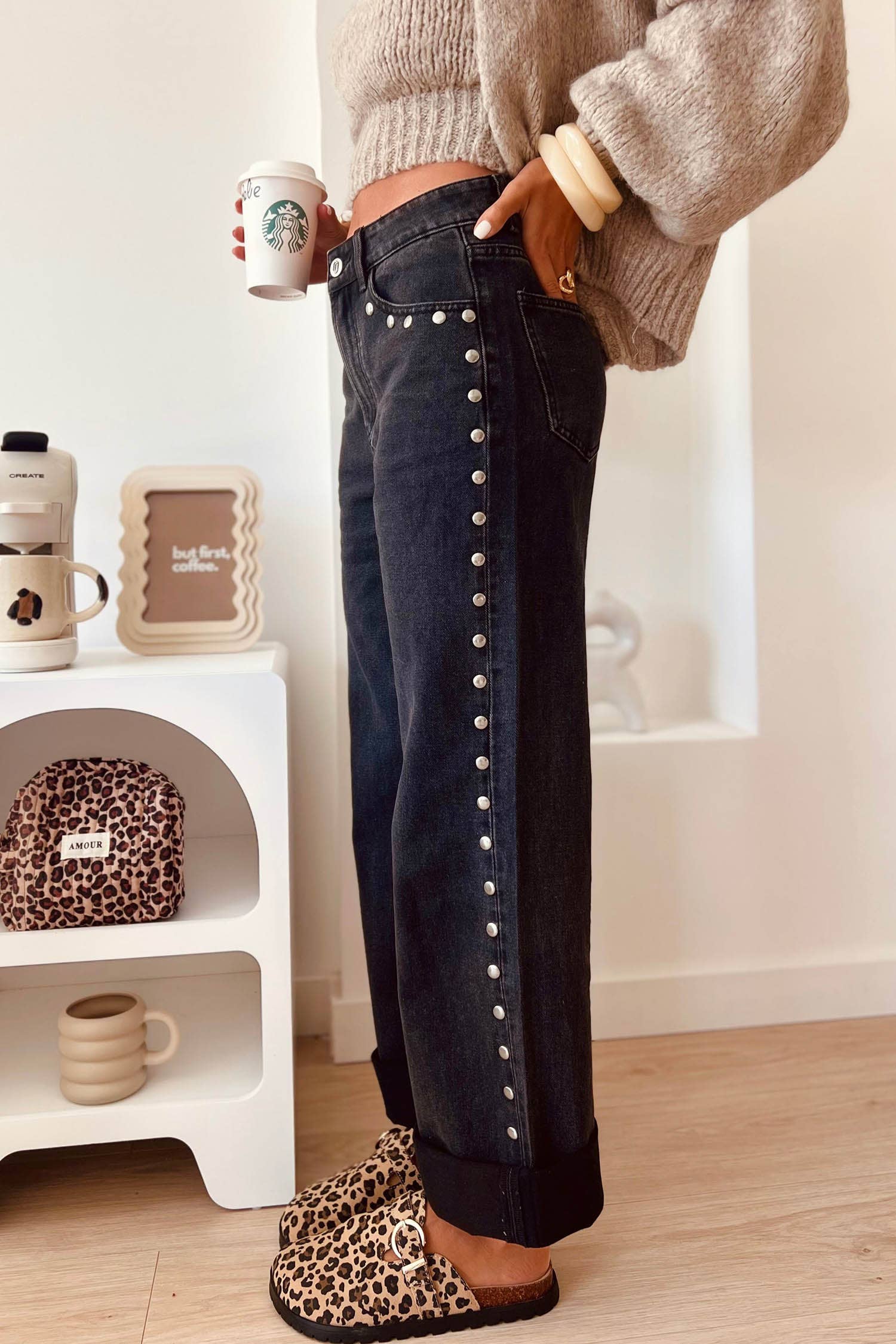 High Waisted Studded Wide Leg Jeans