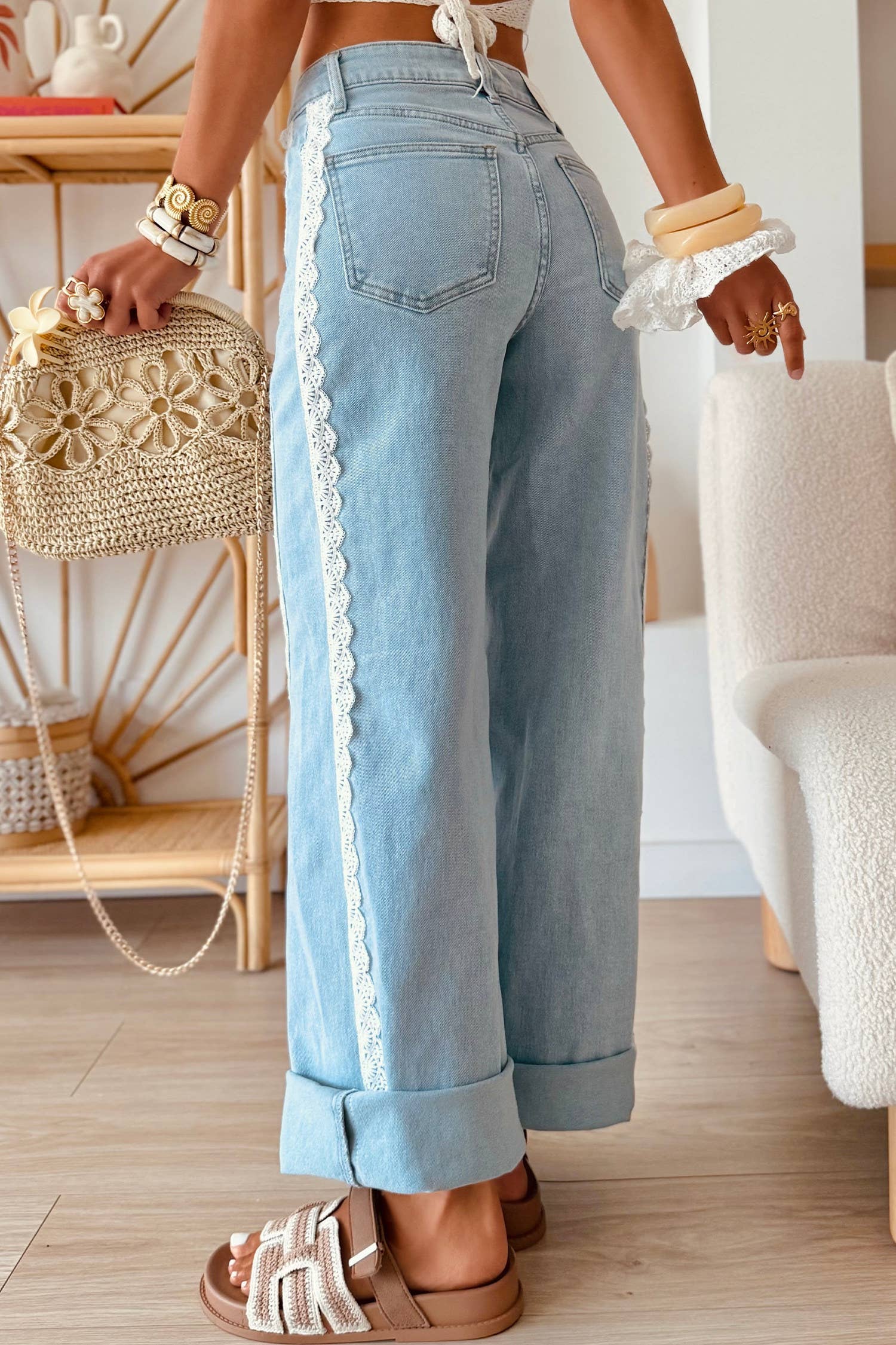 Lace Color Block Wide Leg Casual Denim Pants