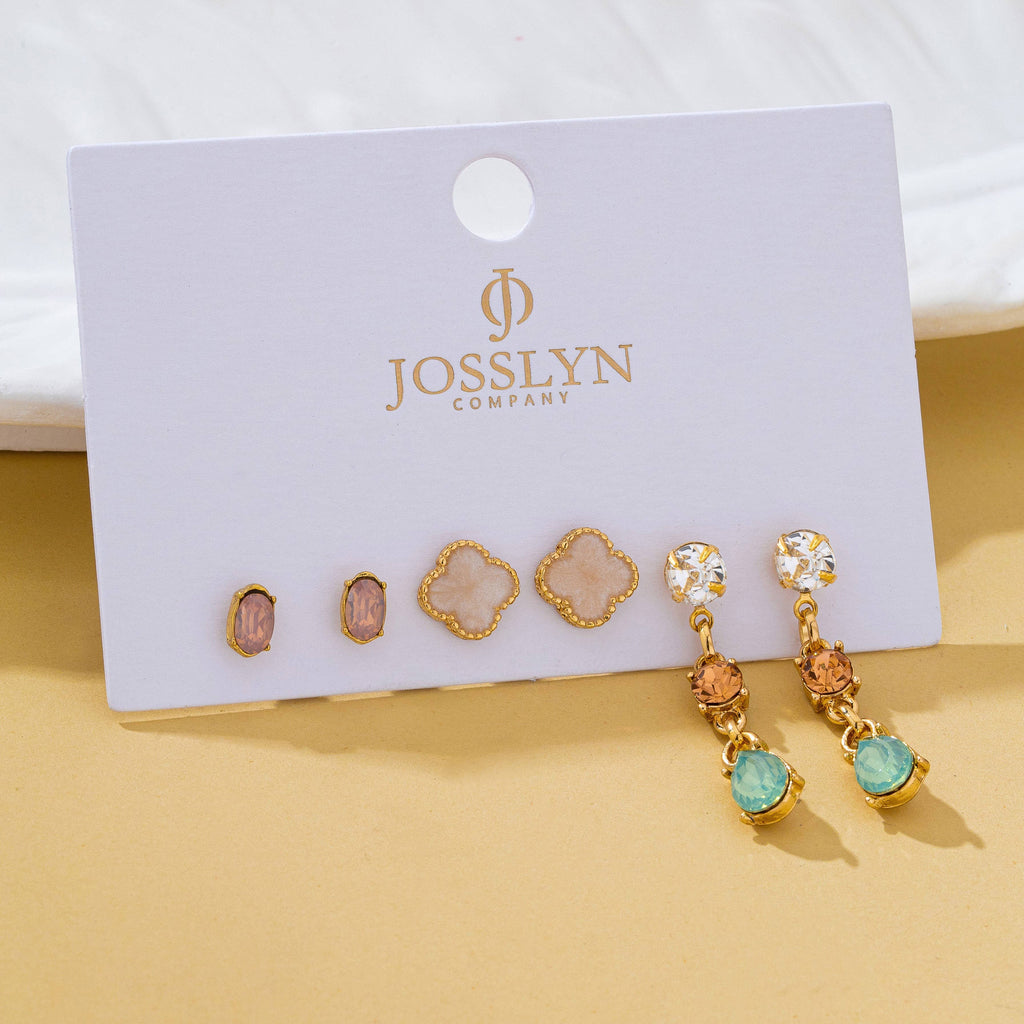 Mixed Clover Rhinestone Stud Drop Trio Earring Set