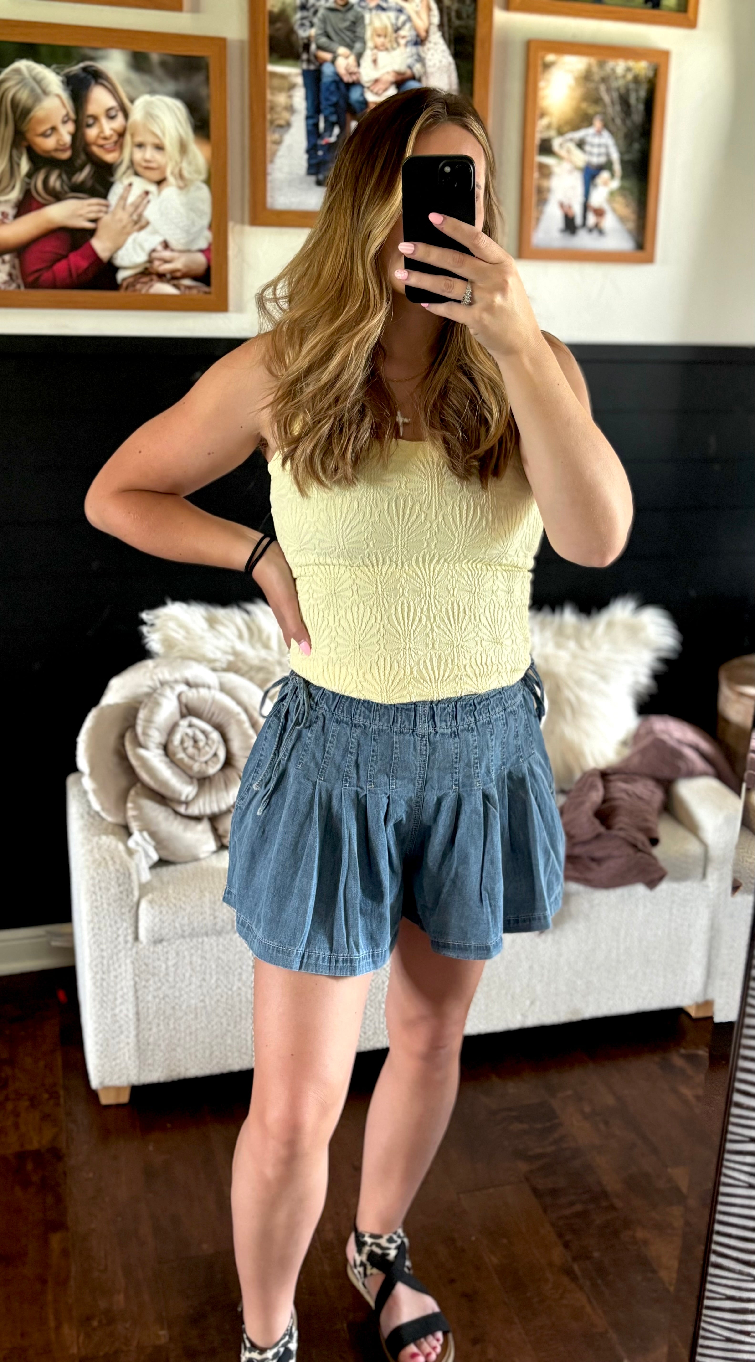 Pleated Denim Shorts