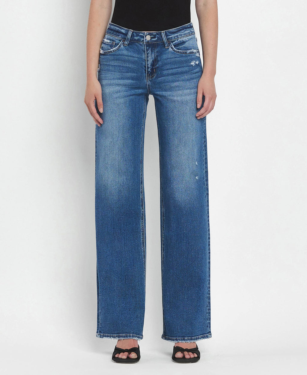 VERVET MEDIUM DENIM! MID RISE FULL LENGTH WIDE LEG JEANS