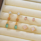 Mixed Clover Rhinestone Stud Drop Trio Earring Set
