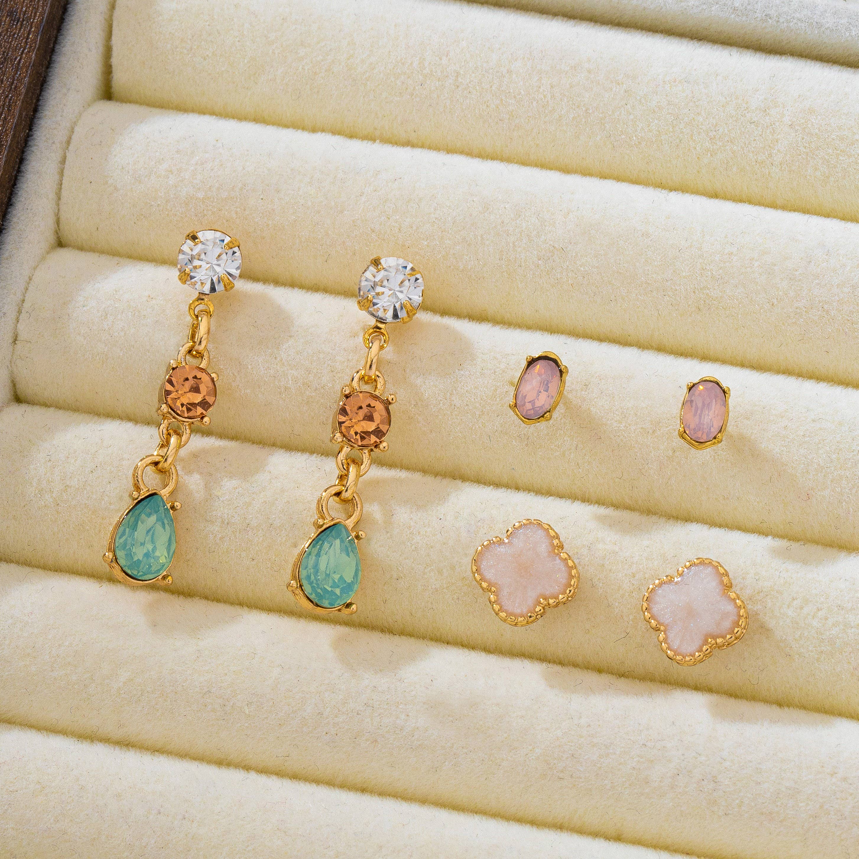 Mixed Clover Rhinestone Stud Drop Trio Earring Set