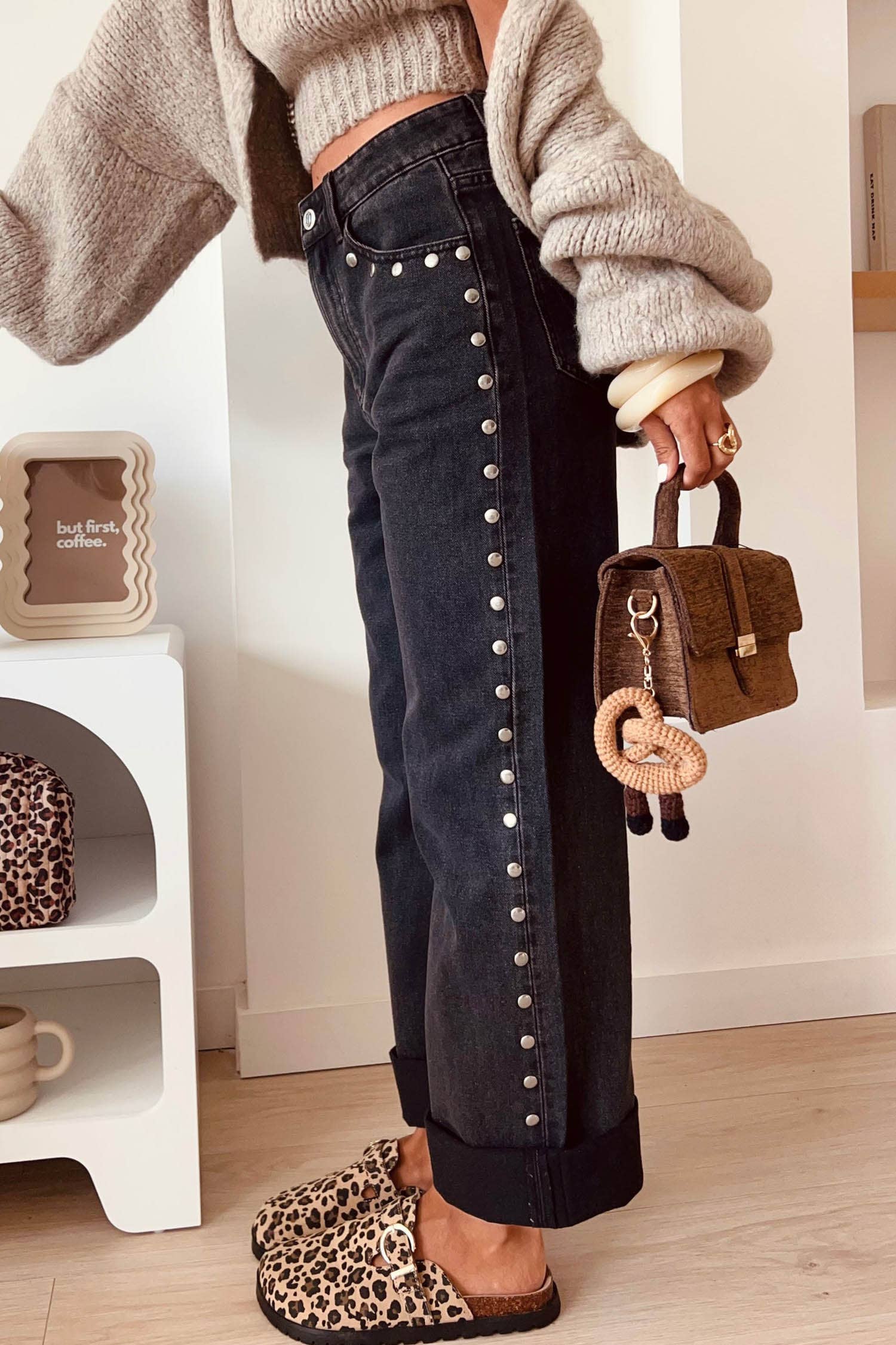 High Waisted Studded Wide Leg Jeans