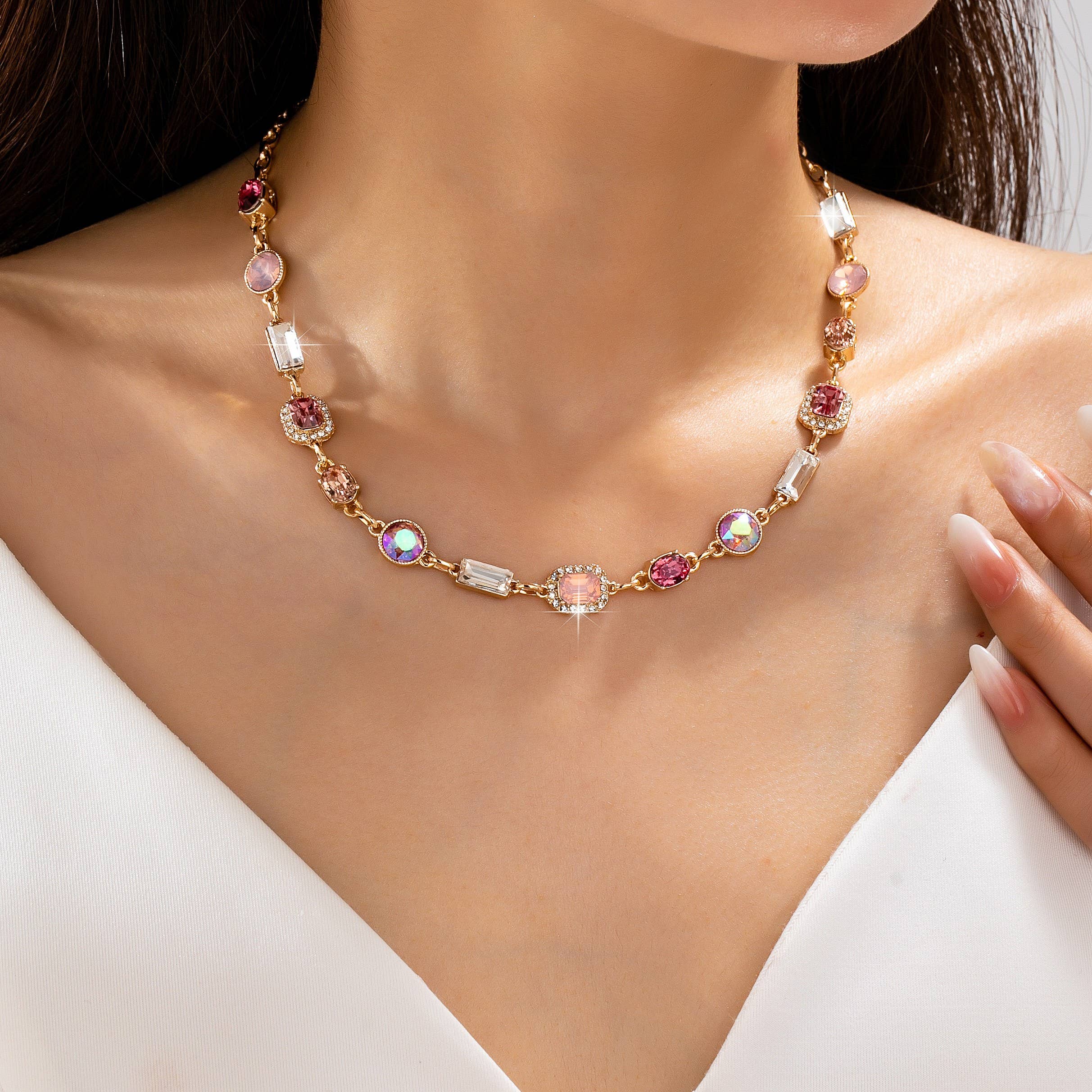 Mixed-Shape Pink & Clear Crystal Station Necklace