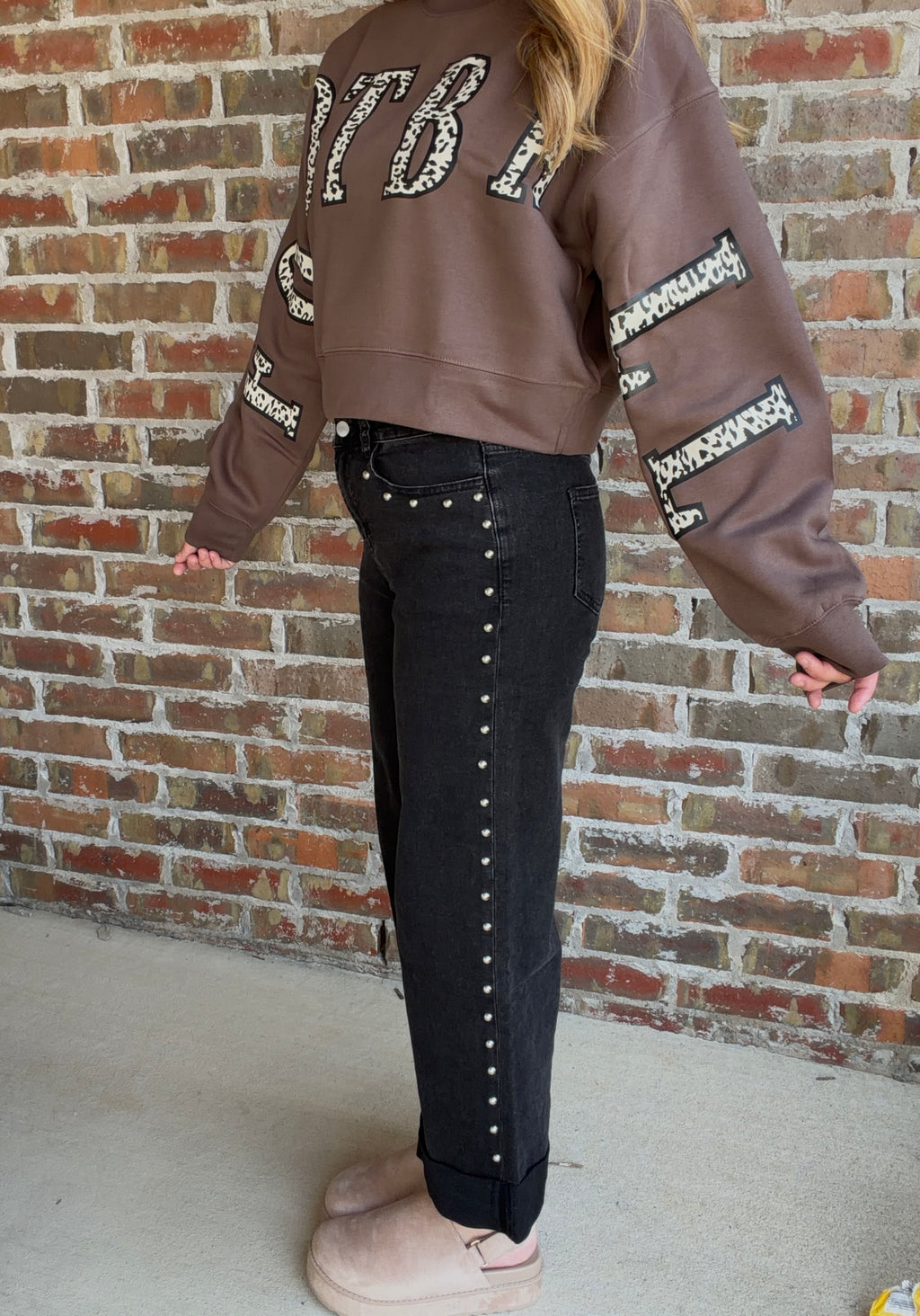 High Waisted Studded Wide Leg Jeans