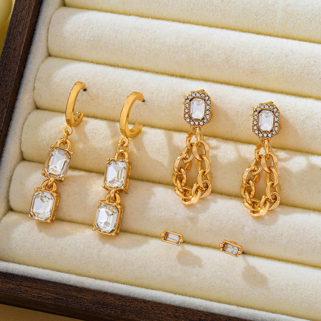 Stud Rhinestone Hoop & Chain Link Trio Earring Set