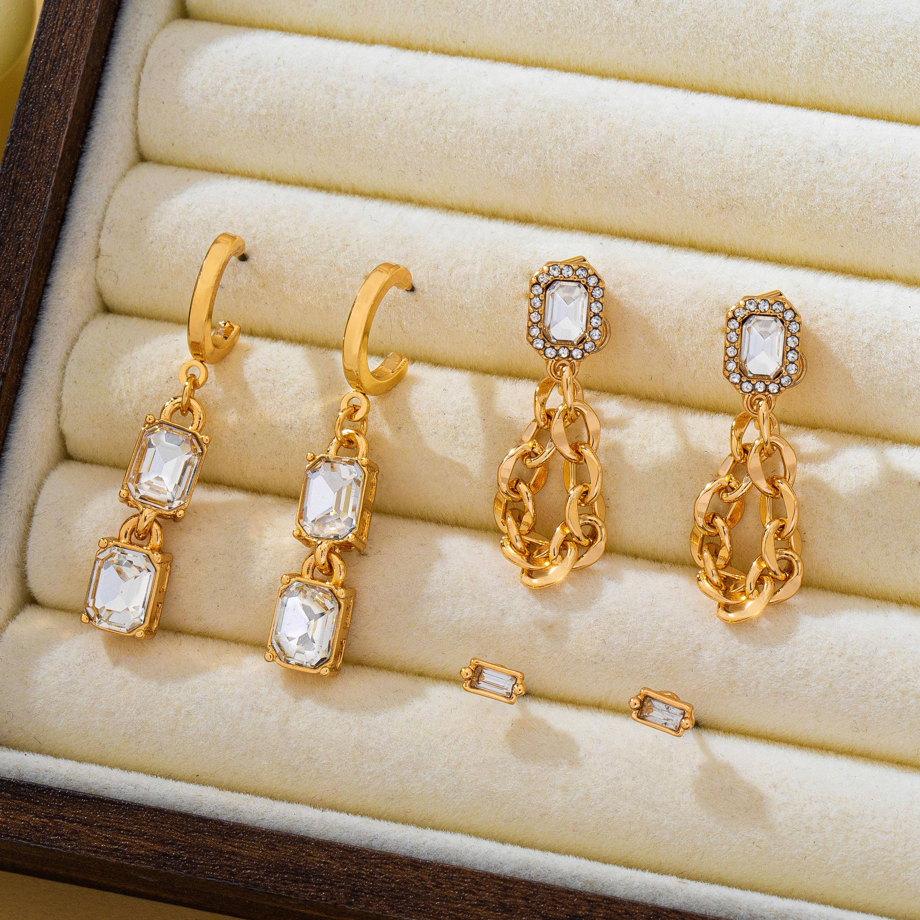 Stud Rhinestone Hoop & Chain Link Trio Earring Set