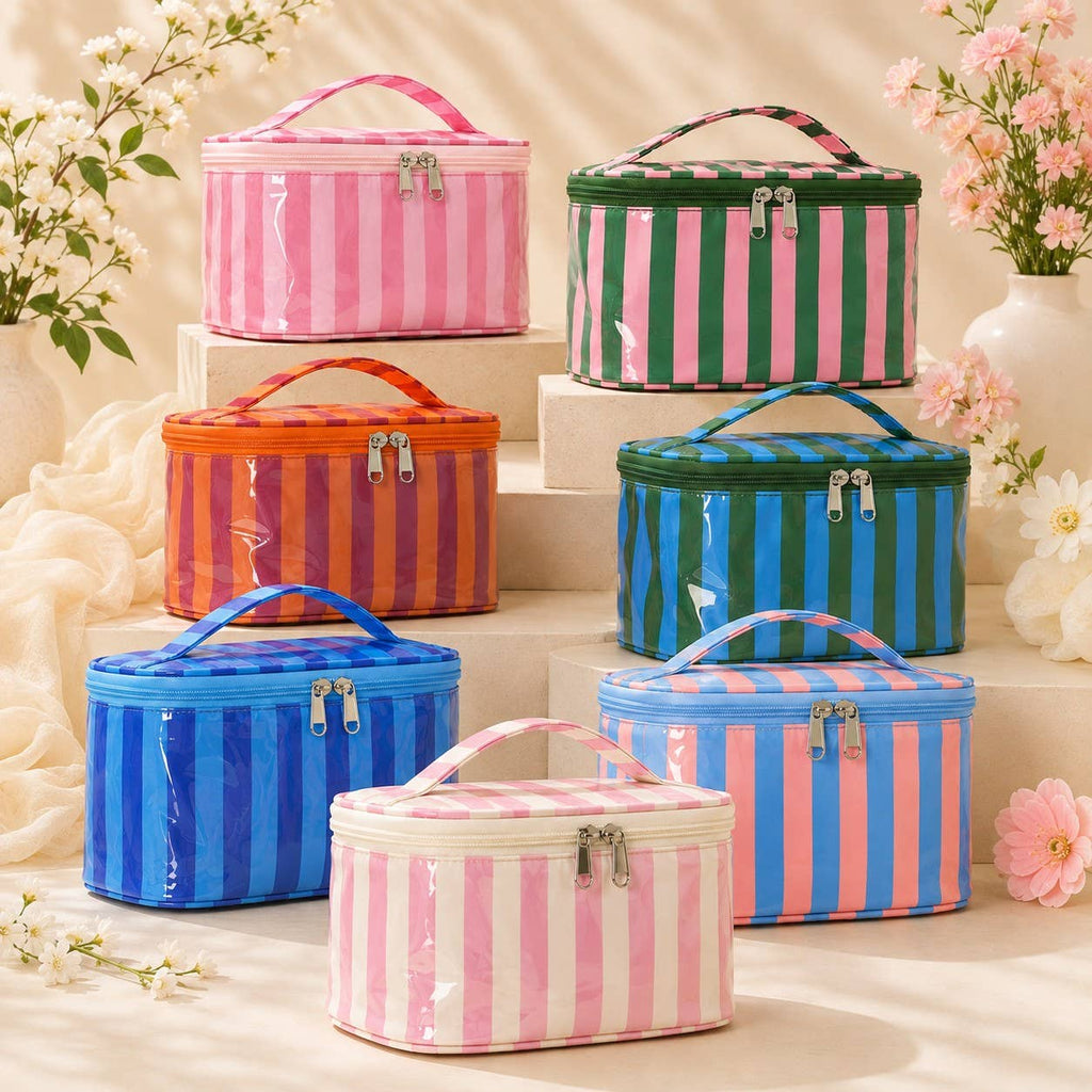 Striped Vinyl Cosmetic Makeup Travel Pouch Bags