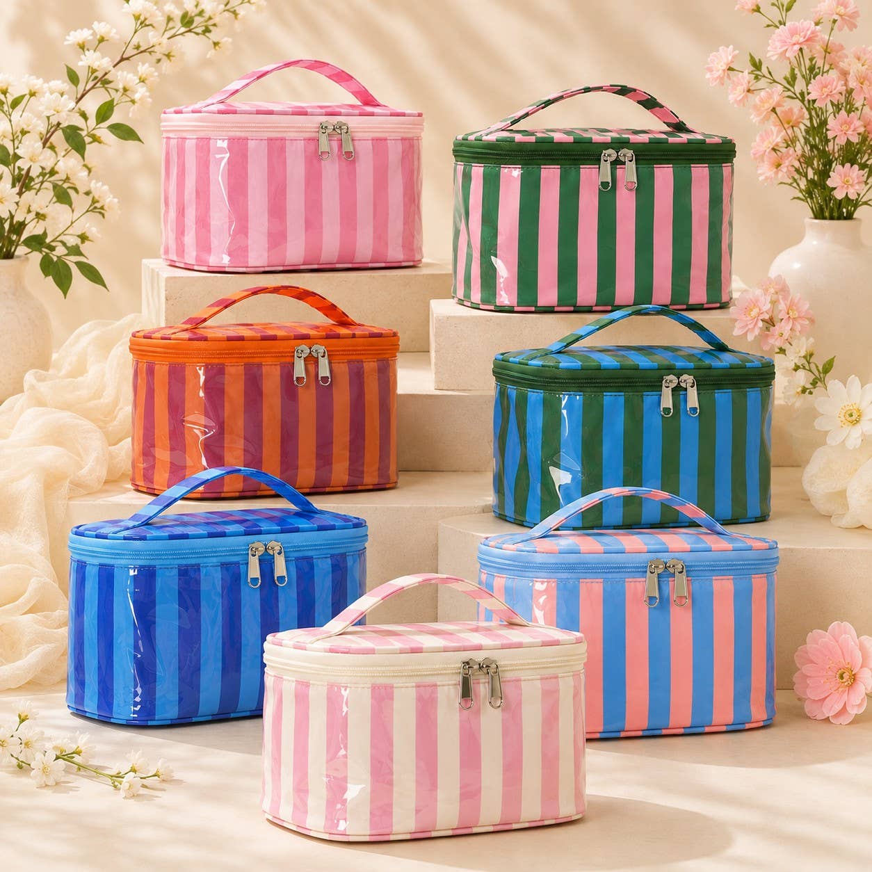 Striped Vinyl Cosmetic Makeup Travel Pouch Bags