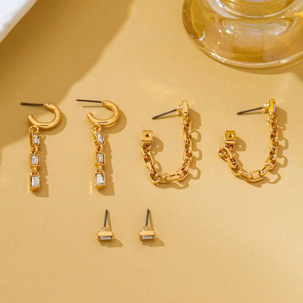 Geometric Baguette Stud & Chain Trio Earring Set