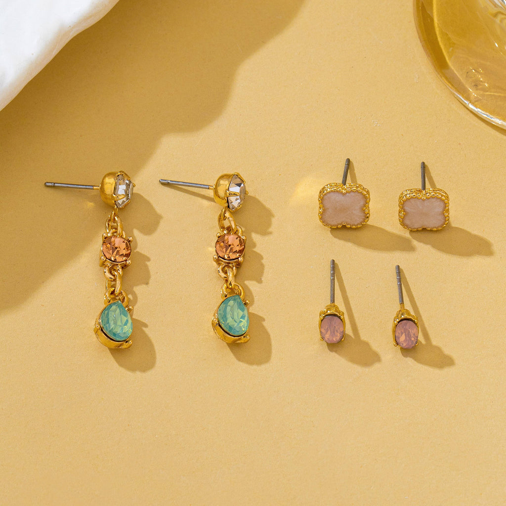 Mixed Clover Rhinestone Stud Drop Trio Earring Set