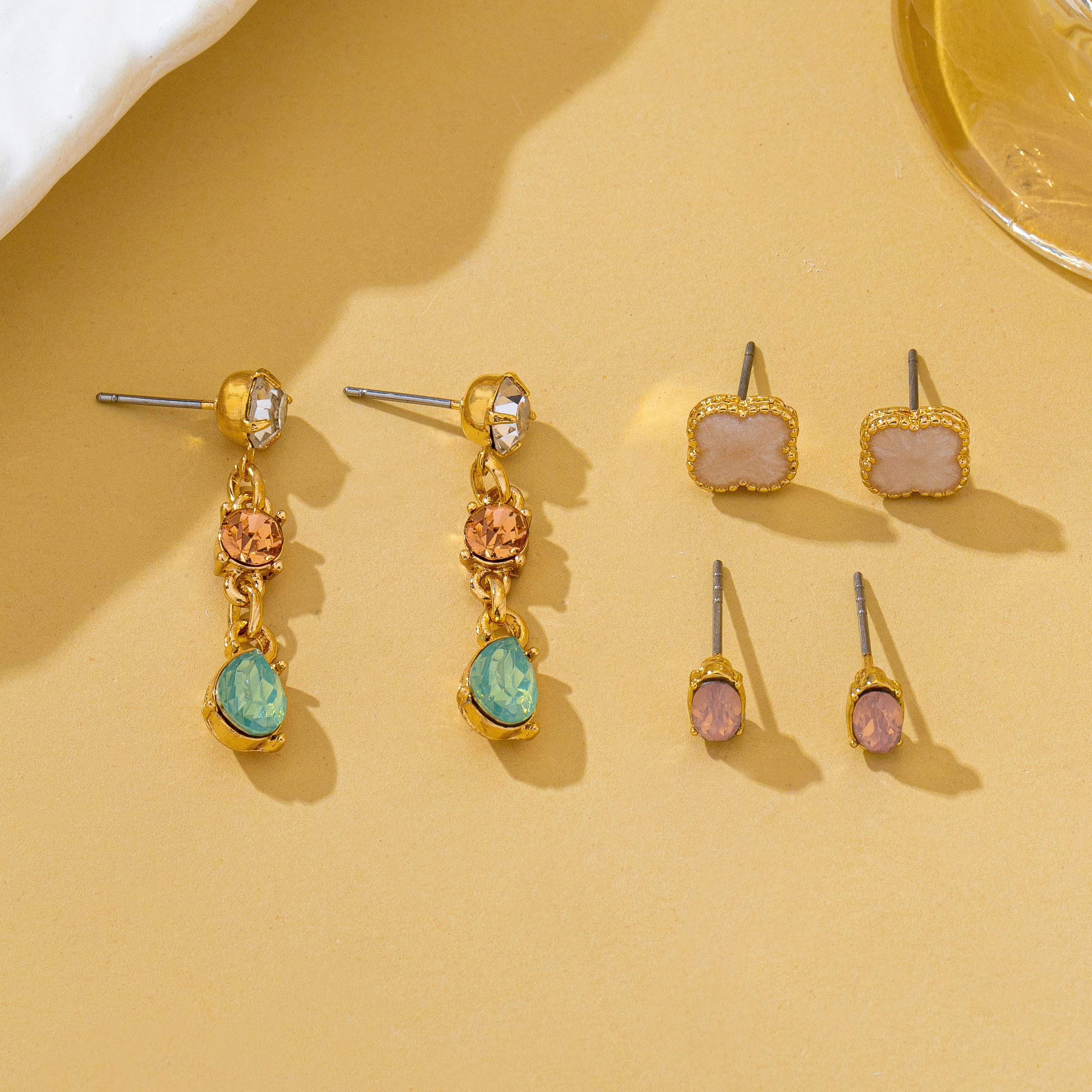 Mixed Clover Rhinestone Stud Drop Trio Earring Set