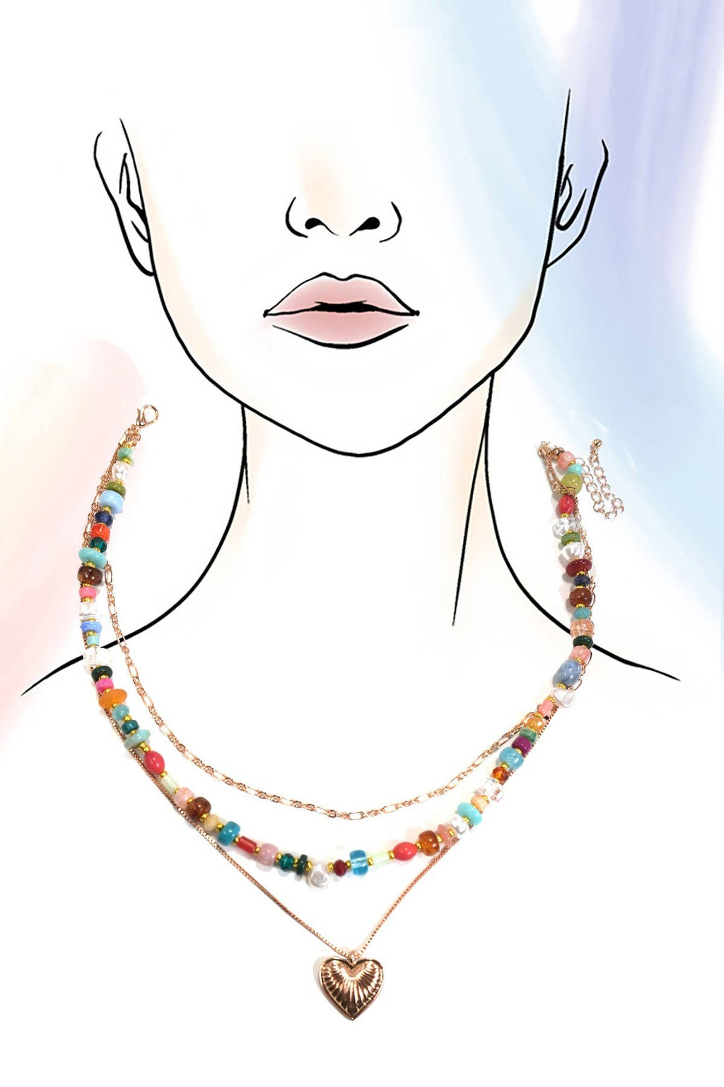 MULTI LAYERED BEADED HEART CHARM NECKLACE
