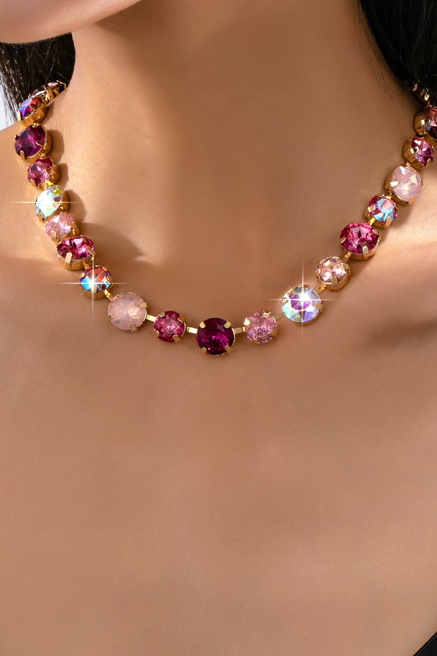 Multi-Tone Pink and Purple Crystal Tennis Necklace