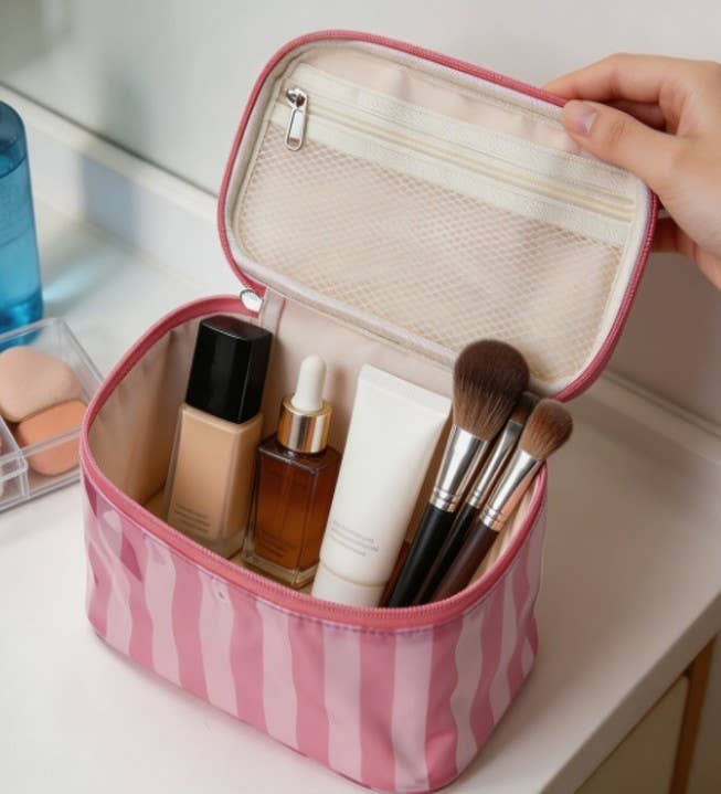 Striped Vinyl Cosmetic Makeup Travel Pouch Bags