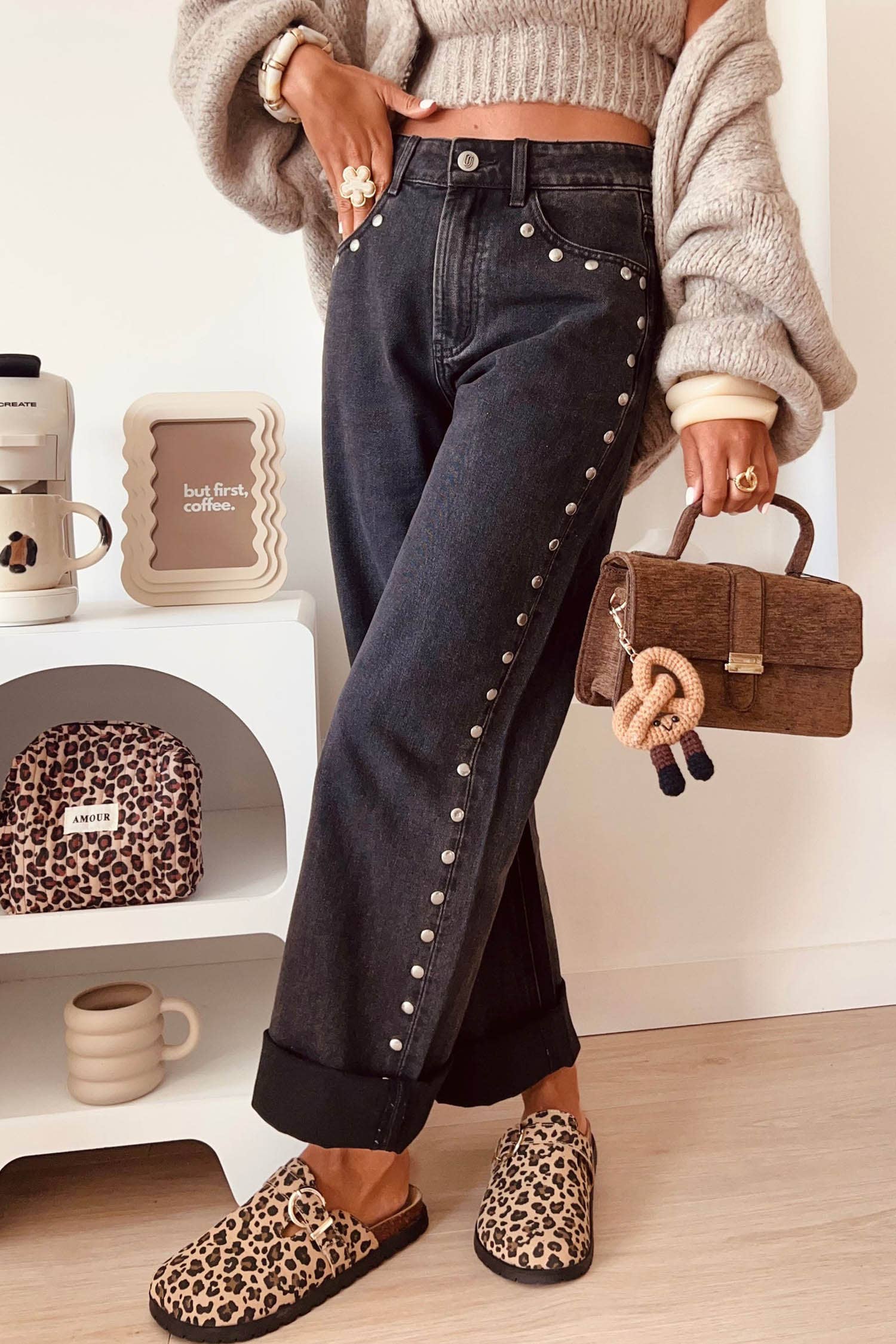 High Waisted Studded Wide Leg Jeans