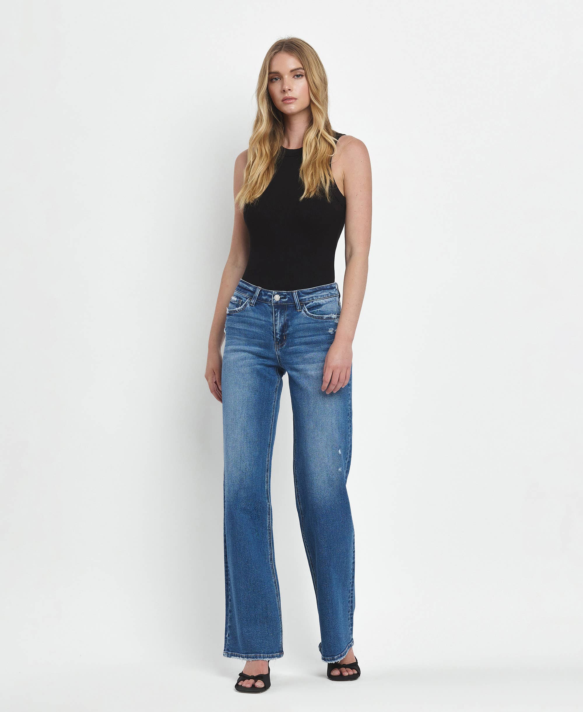 VERVET MEDIUM DENIM! MID RISE FULL LENGTH WIDE LEG JEANS
