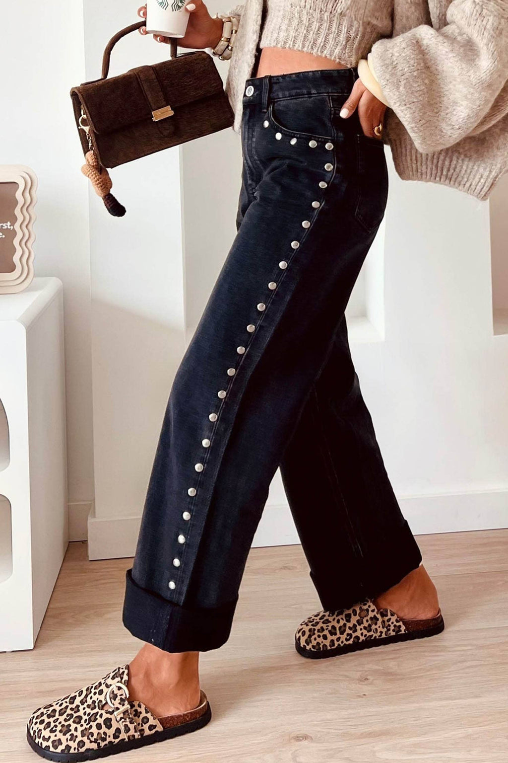 High Waisted Studded Wide Leg Jeans
