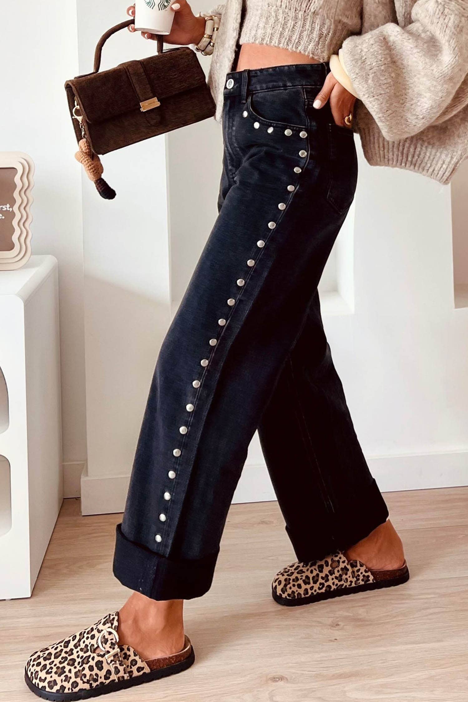 High Waisted Studded Wide Leg Jeans