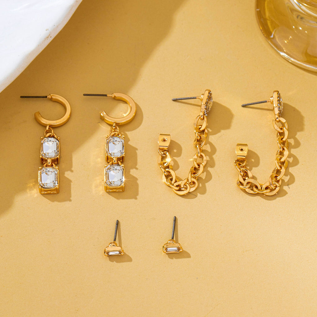 Stud Rhinestone Hoop & Chain Link Trio Earring Set