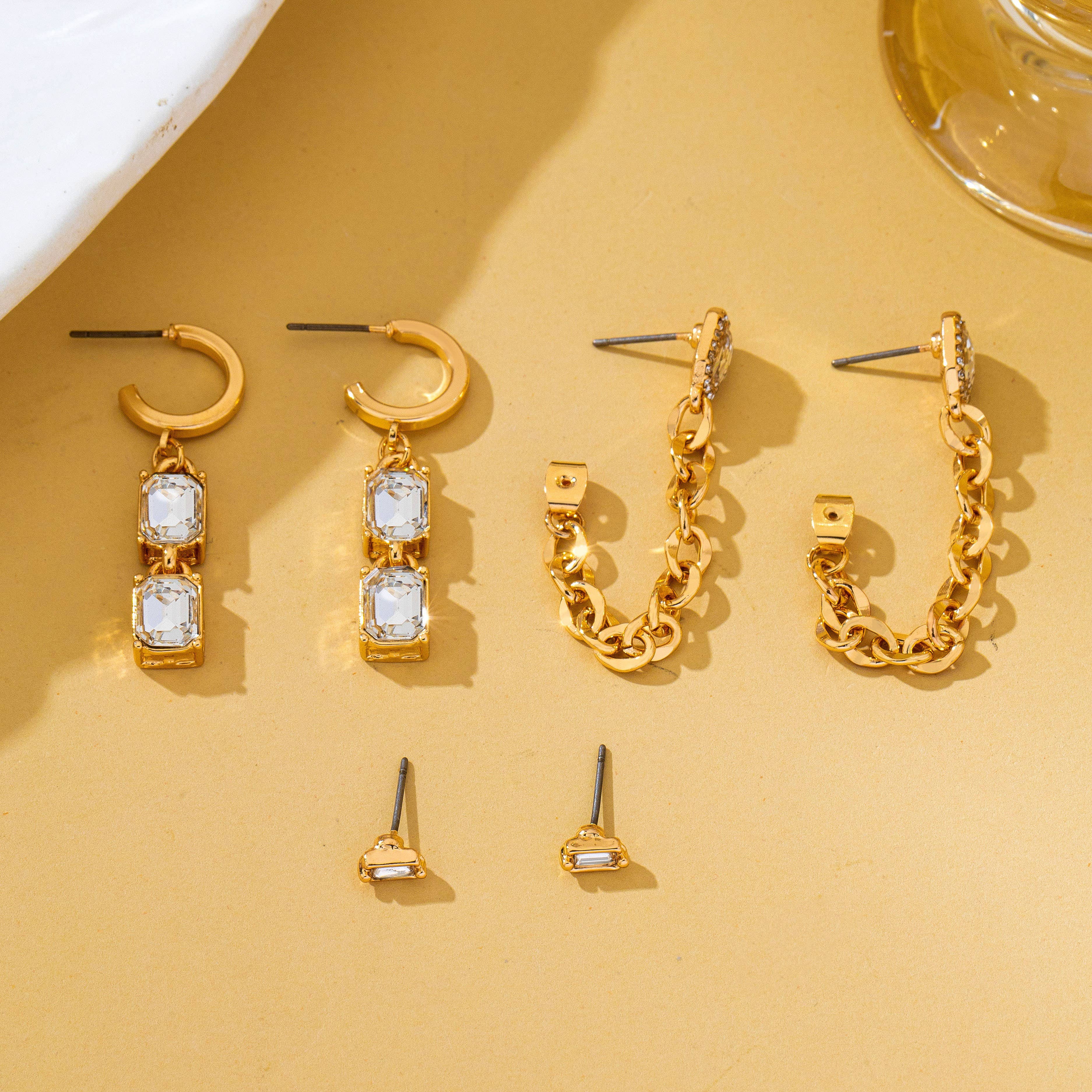 Stud Rhinestone Hoop & Chain Link Trio Earring Set