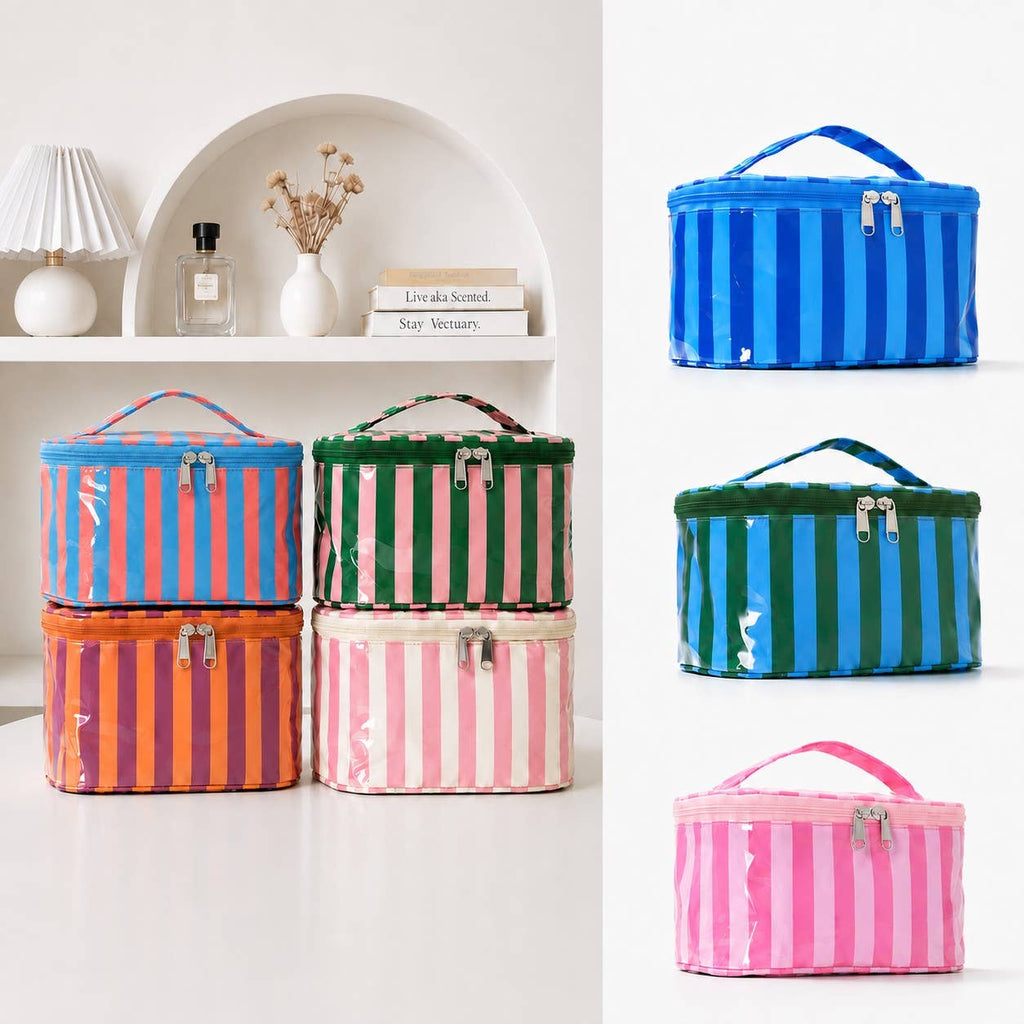 Striped Vinyl Cosmetic Makeup Travel Pouch Bags