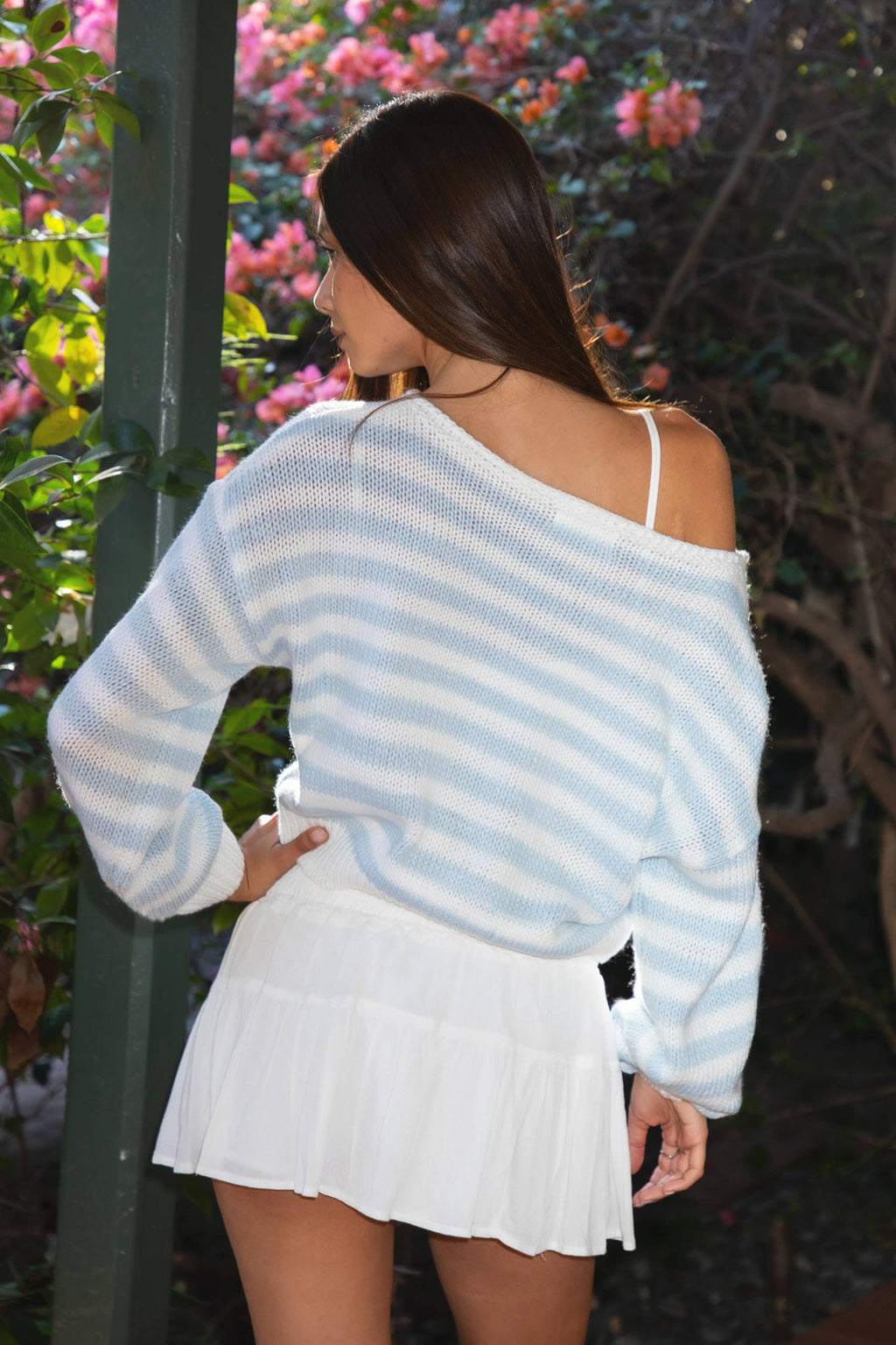 Blue & White Striped Knit Off The Shoulder Sweater