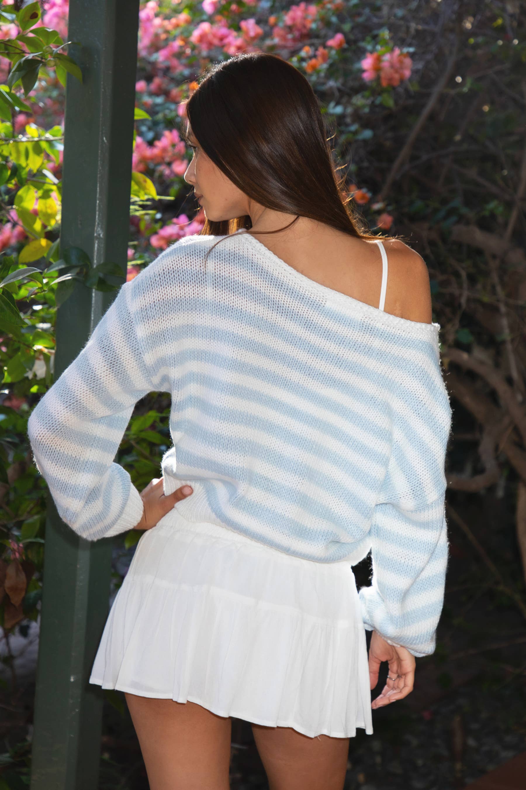 Blue & White Striped Knit Off The Shoulder Sweater