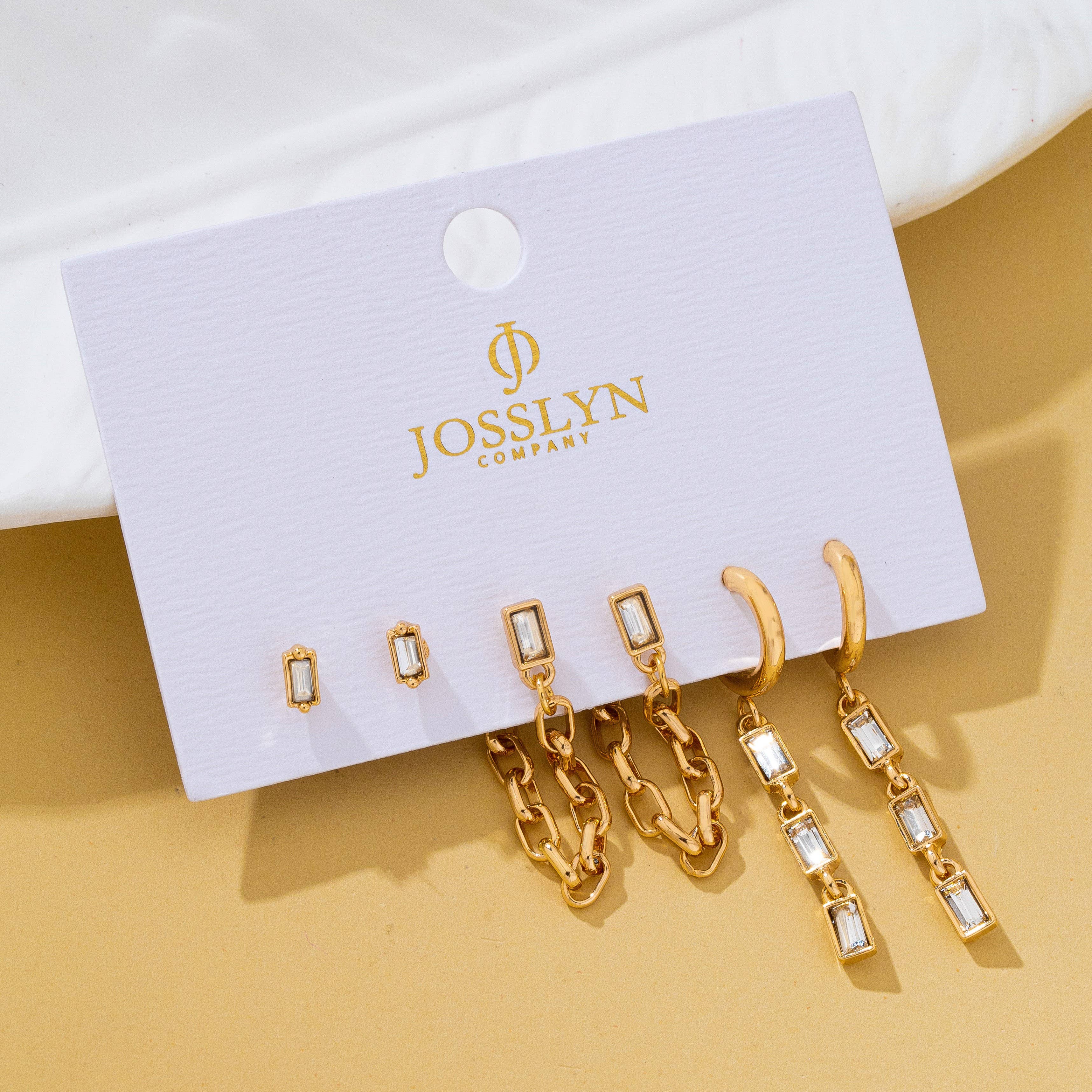 Geometric Baguette Stud & Chain Trio Earring Set