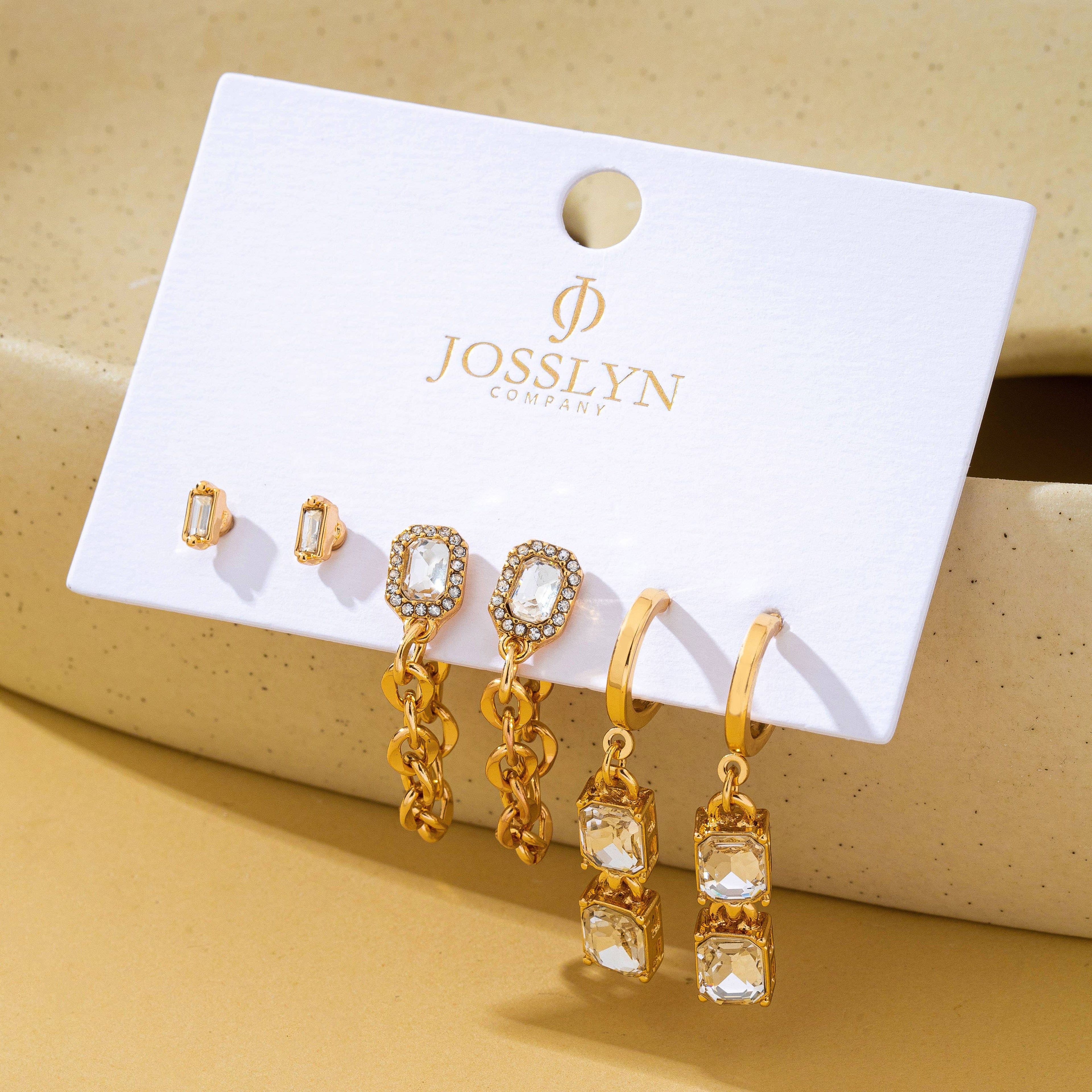 Stud Rhinestone Hoop & Chain Link Trio Earring Set