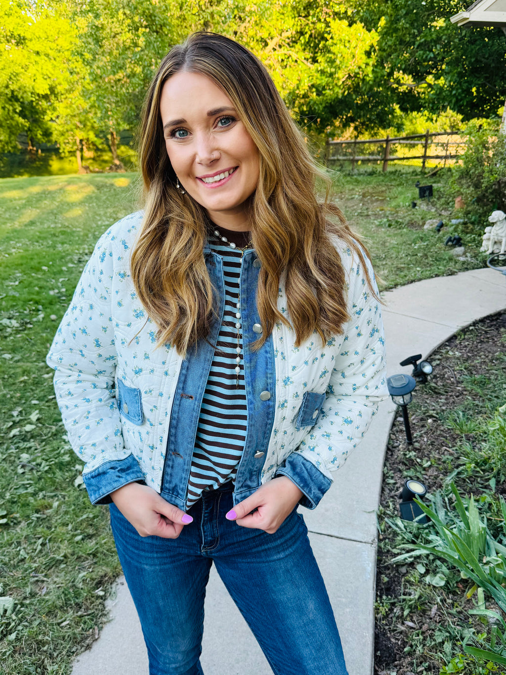 Floral Quilted Denim Trim Jacket