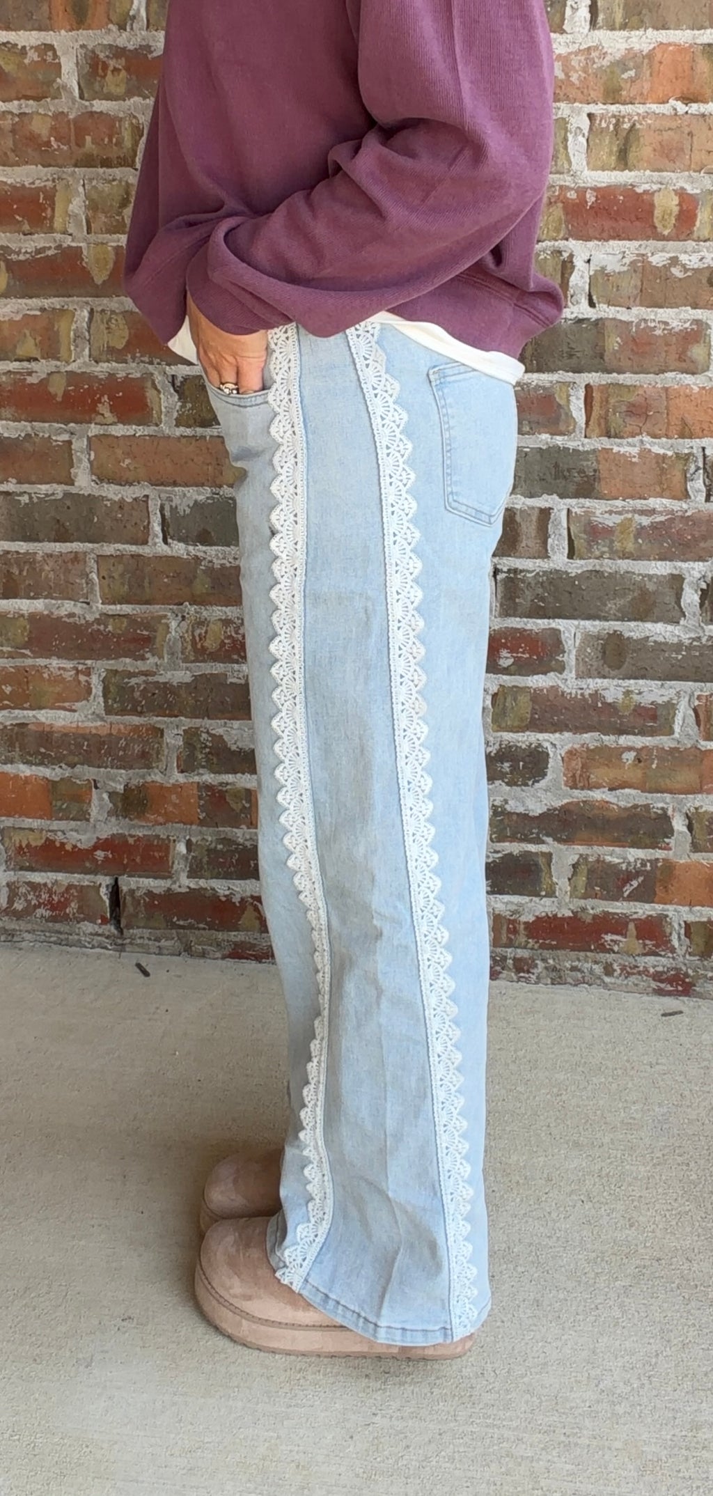 Lace Color Block Wide Leg Casual Denim Pants