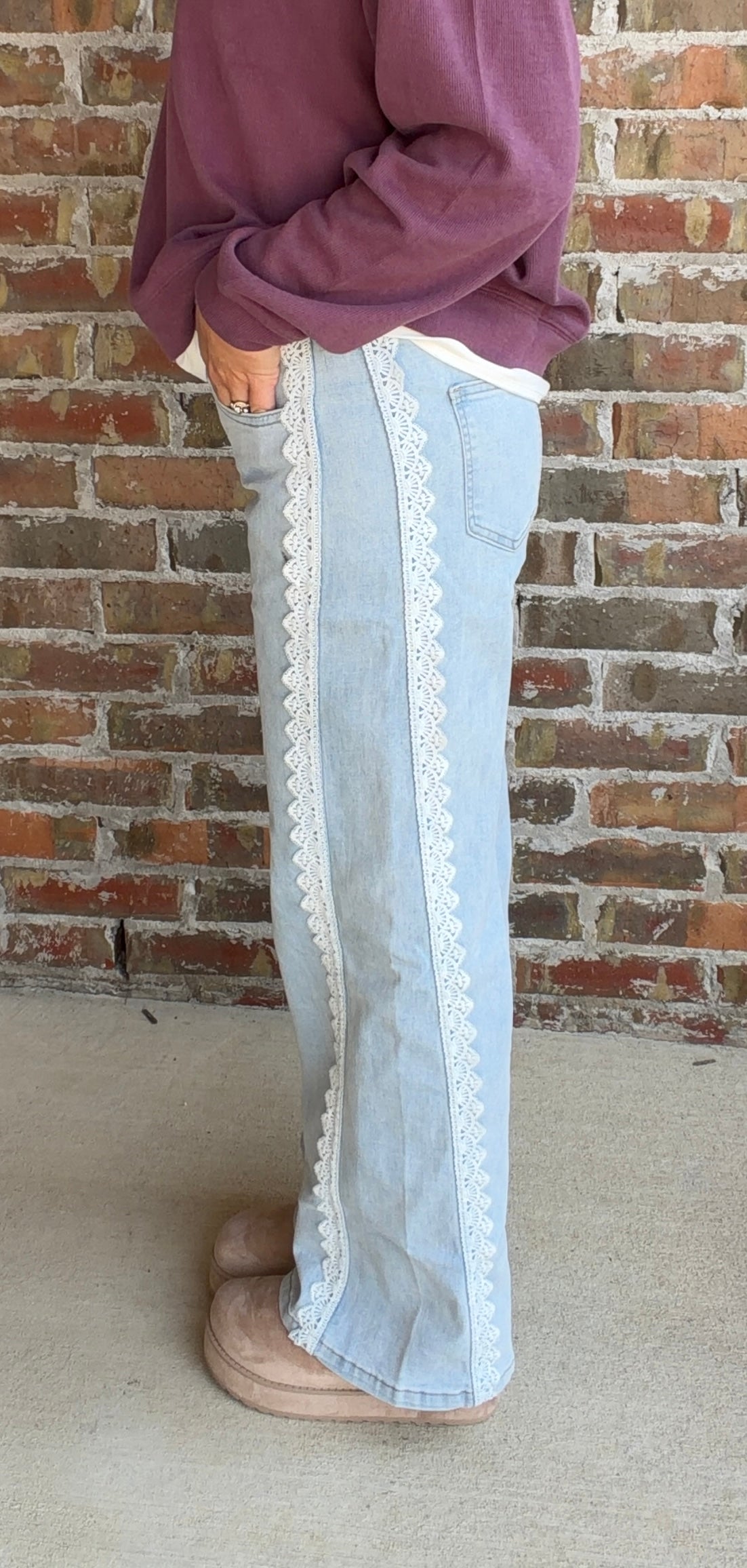 Lace Color Block Wide Leg Casual Denim Pants