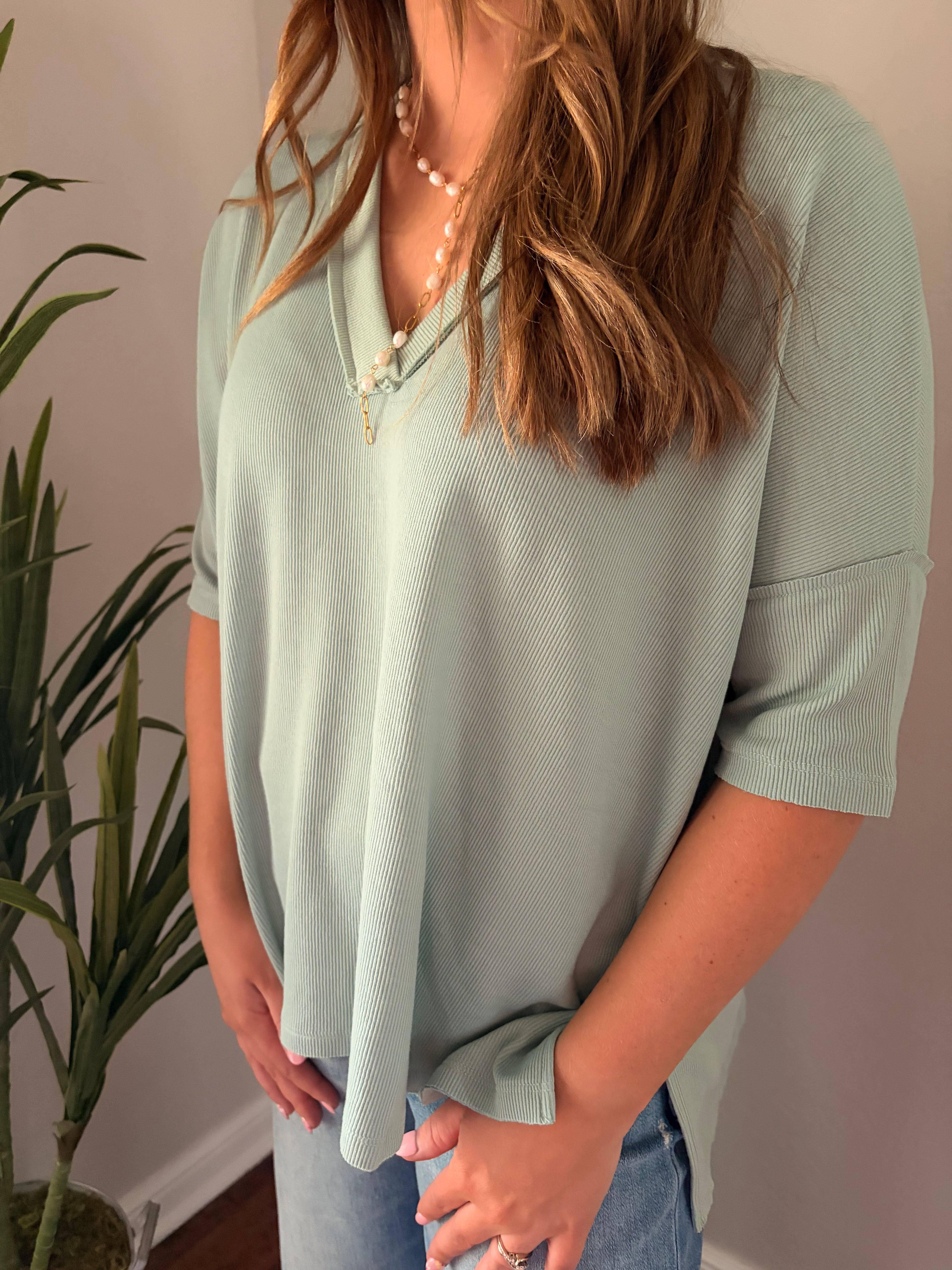 On The Go V Neck Ribbed Essential Tee - Sage