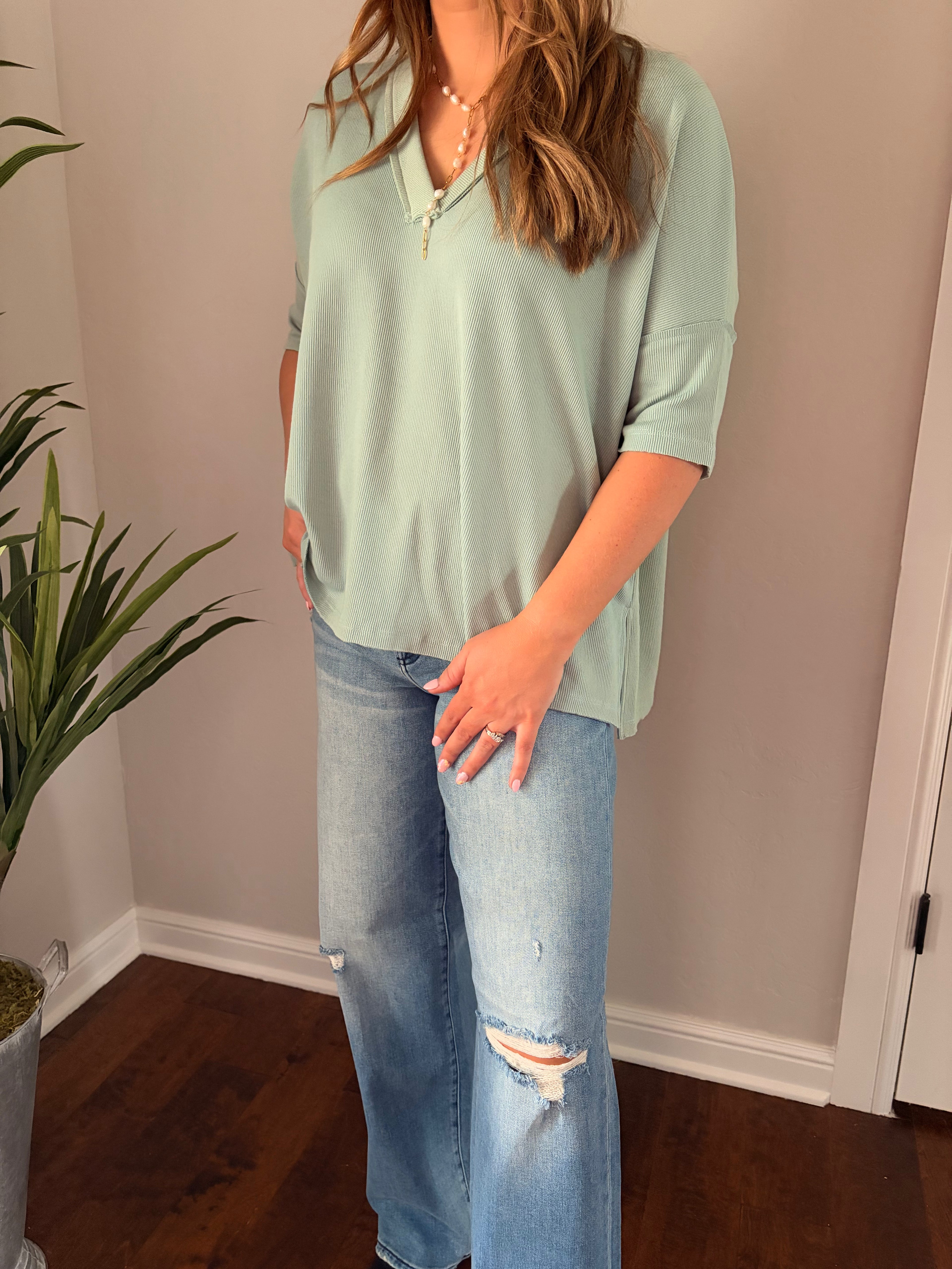 On The Go V Neck Ribbed Essential Tee - Sage