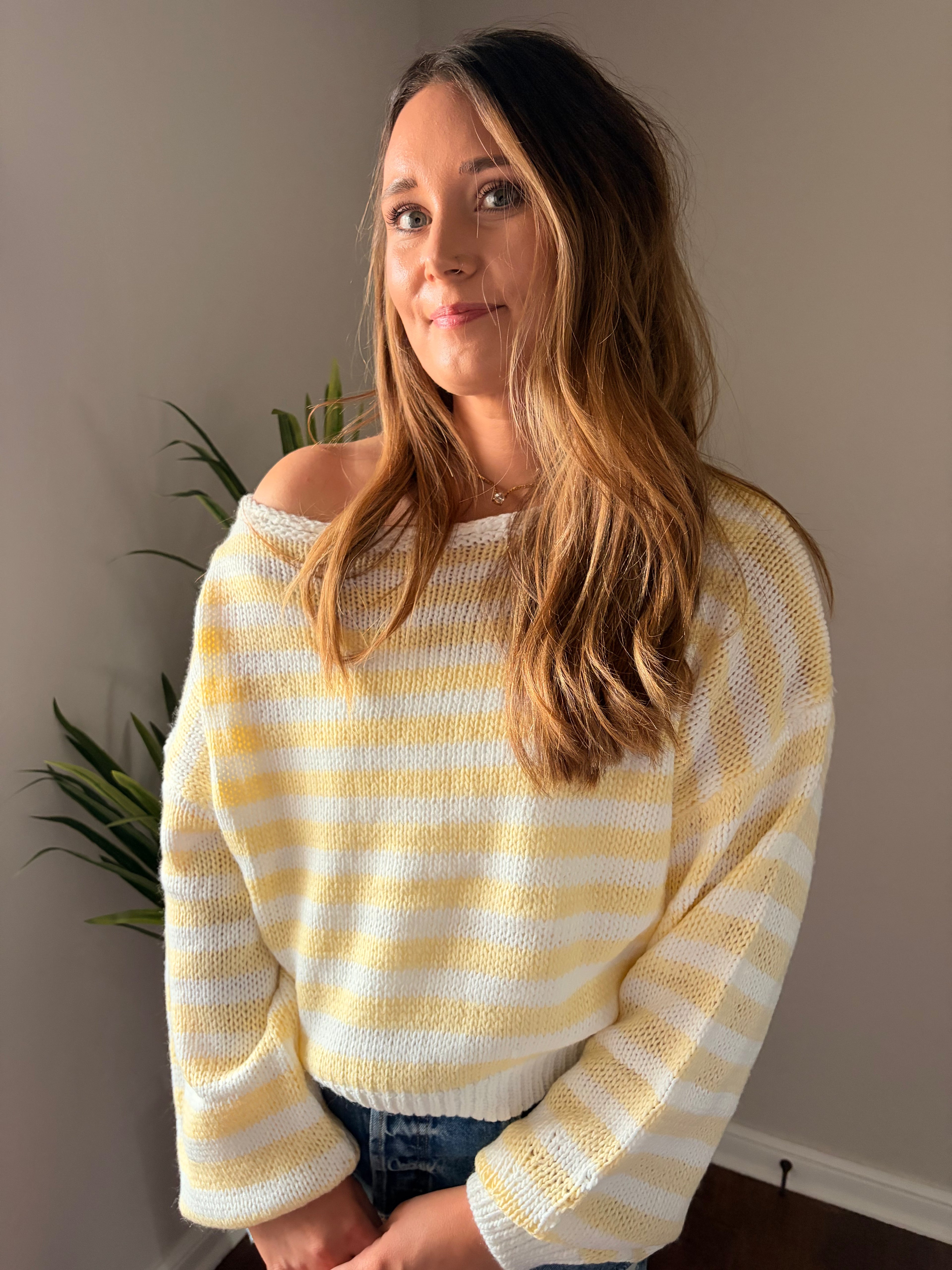 Yellow & White Striped Off the Shoulder Sweater