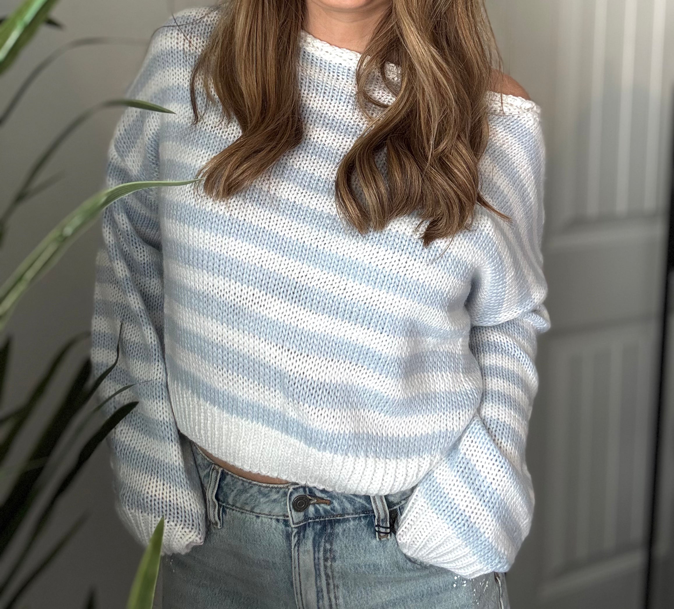 Blue & White Striped Knit Off The Shoulder Sweater