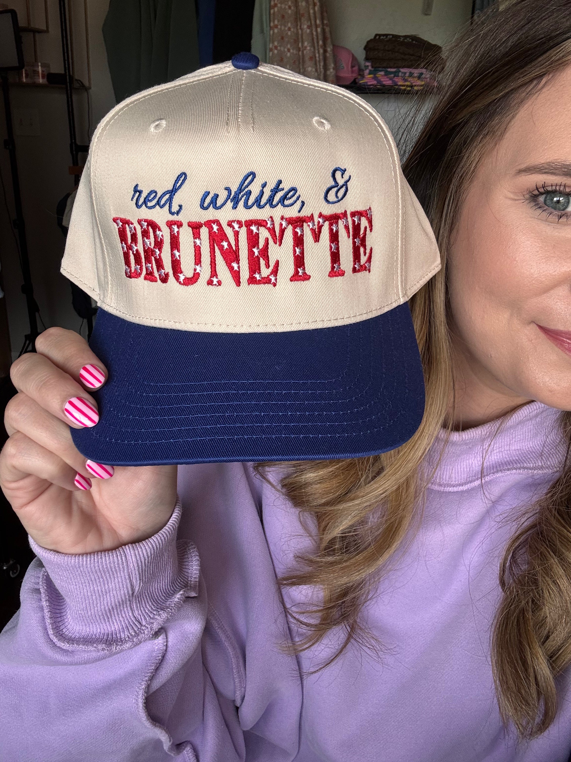 Red, White & Brunette Hat (Blue)