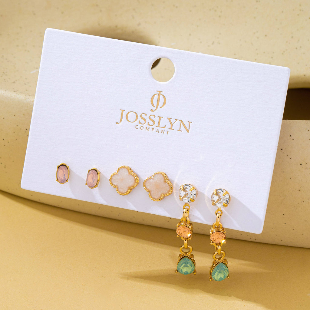 Mixed Clover Rhinestone Stud Drop Trio Earring Set