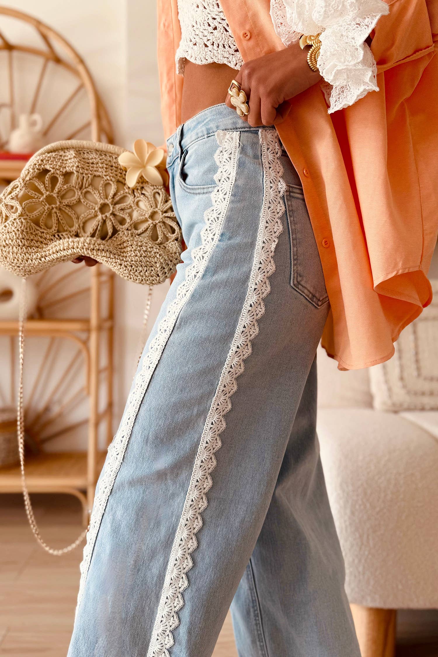 Lace Color Block Wide Leg Casual Denim Pants