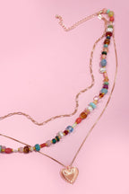 MULTI LAYERED BEADED HEART CHARM NECKLACE