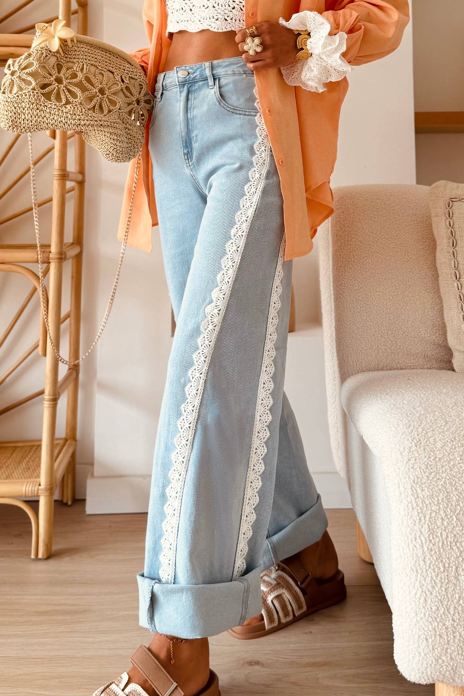 Lace Color Block Wide Leg Casual Denim Pants