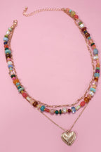 MULTI LAYERED BEADED HEART CHARM NECKLACE