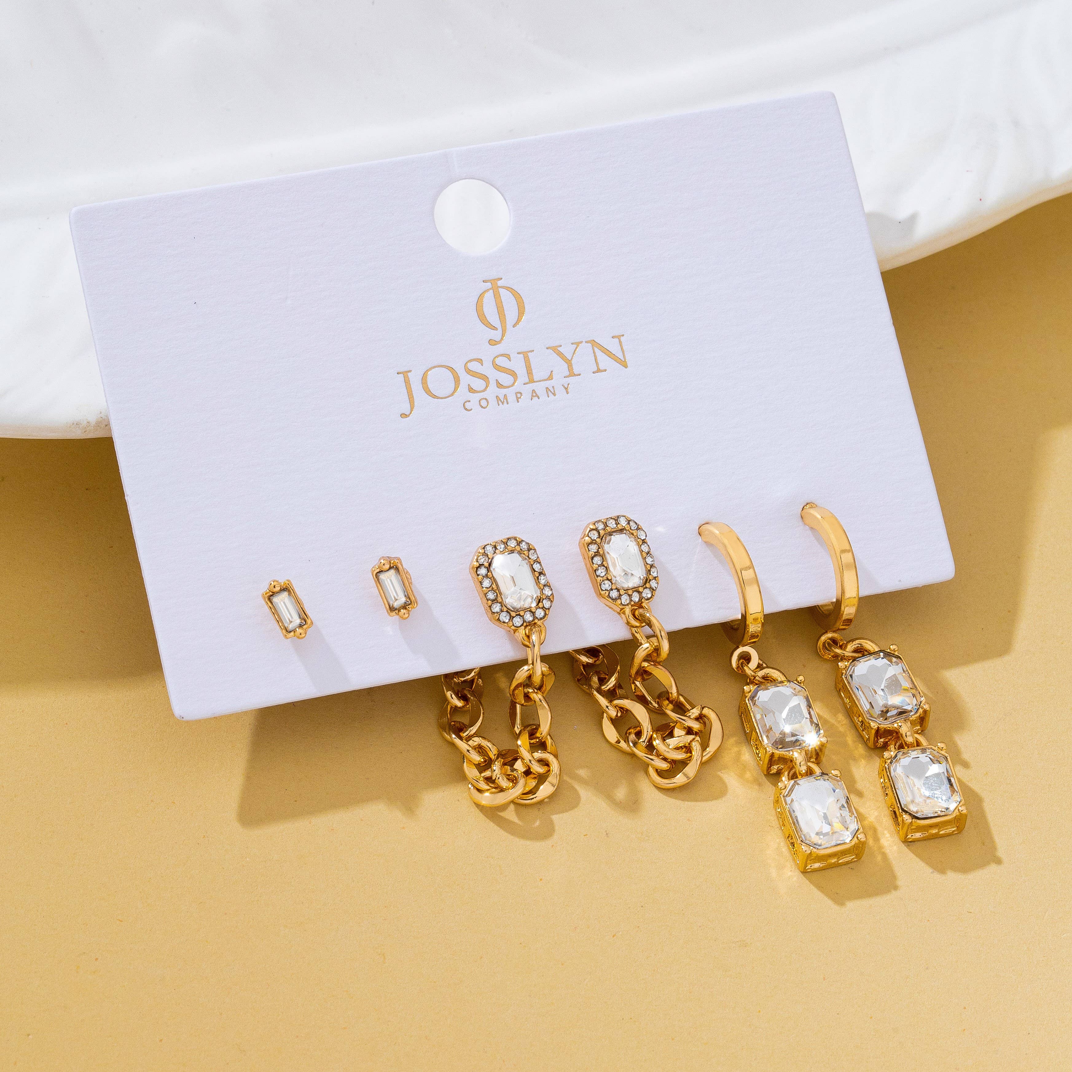 Stud Rhinestone Hoop & Chain Link Trio Earring Set
